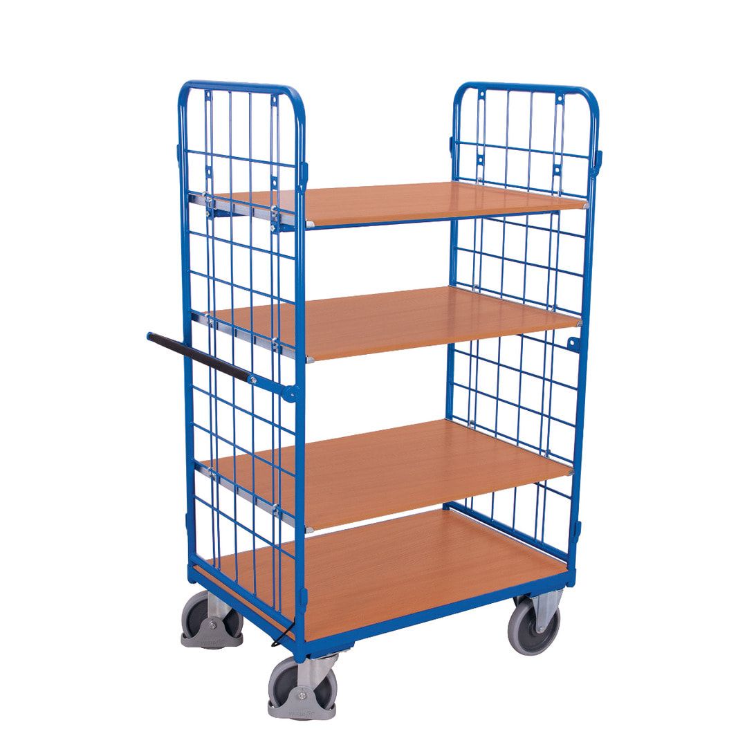 Etagenwagen mit Totmannbremse - 1.820 x 720 x 1.220 mm (HxBxT) - 4 Etagen - 2 Drahtgitterwände