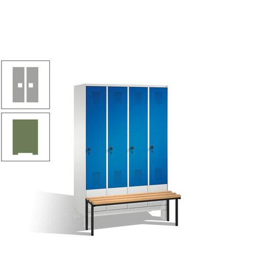 Stahl-Garderobenschrank, Spind, Buche Sitzbank vorgebaut, 4 Abteile a 300 mm, Korpus Lichtgrün, Tür Schwefelgelb, 1.850 x 1.200 x 815 mm (HxBxT)