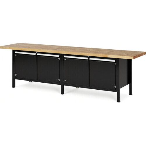 Werkbank mit 4 Schränken - höhenverstellbar 840-1.040 mm - 3.000 x 700 mm (BxT) - Traglast 1.250 kg - Buche - Anthrazitgrau