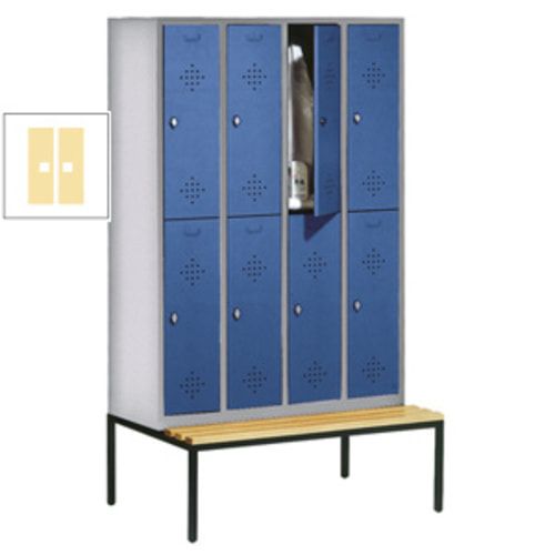 Garderobenschrank, Spind, 4 Abteile 8 Fächer, 2.090 x 1.190 x 815 mm (HxBxT), Hartholz Sitzbank untergebaut, Korpus anthrazitgrau, Türen anthrazitgrau