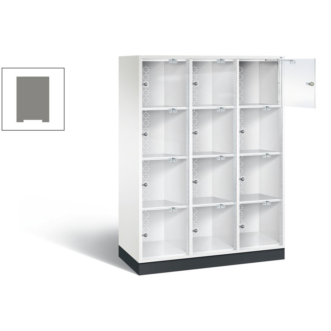 Schließfachschrank, Fächerschrank mit Türen aus Acrylglas, 3 Abteile, 12 Fächer, Zylinderschloss, 1.750 x 1.220 x 500 mm (HxBxT), Korpus anthrazitgrau
