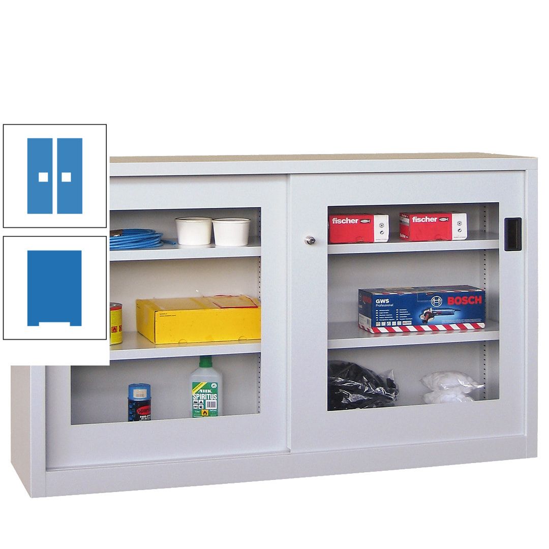 Schiebetürenschrank - Sichtfenstertüren - 1.000x1.500x600 mm (HxBxT) - 4 Böden, verzinkt - Zylinderschloss - anthrazitgrau