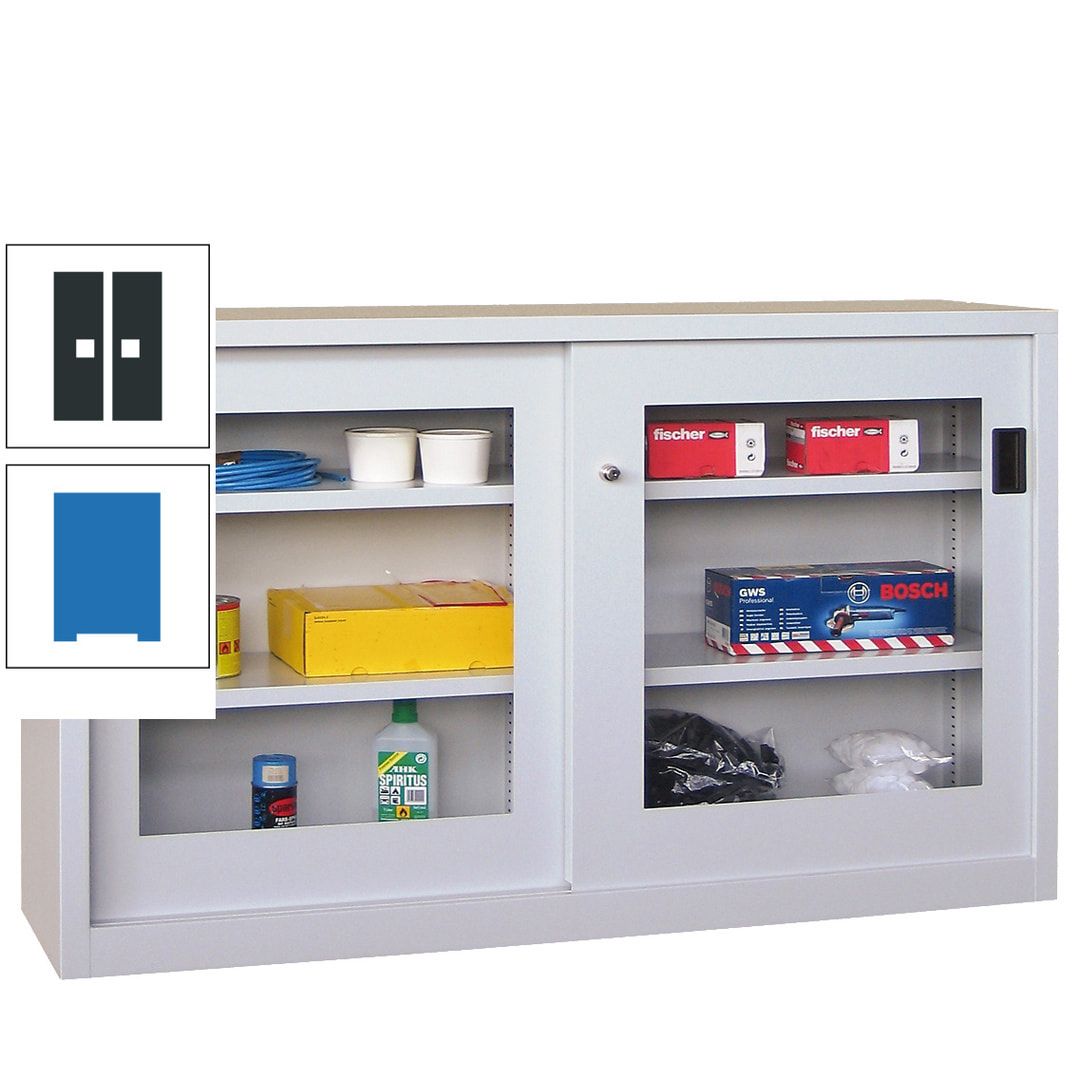 Schiebetürenschrank - Sichtfenstertüren - 1.000x1.500x600 mm (HxBxT) - 4 Böden, verzinkt - Zylinderschloss - anthrazitgrau