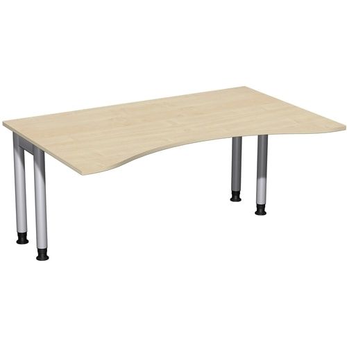 Ergo-Schreibtisch, Füße einseitig verkürzt, 4-Fuß Pro, höhenverstellbar, 680-800 x 1.600 x 1.000 mm (HxBxT), Gestell silber, Dekor Ahorn