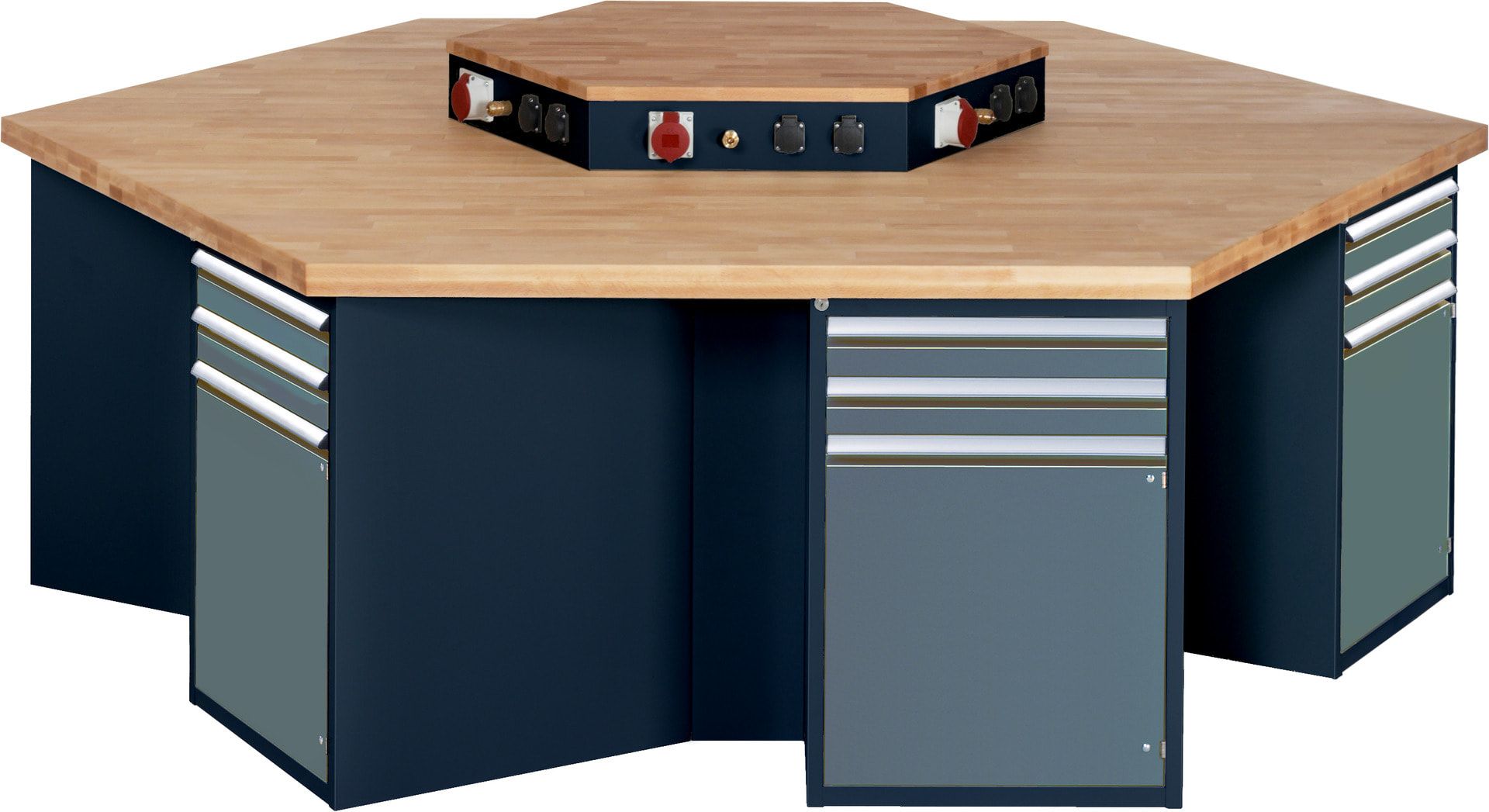 Gruppenwerkbank, Buche, Höhe 840 mm, mit Energieaufsatz, Unterbau-Container, 2 Schubladen, 1 Tür, 1 Boden - Anthrazitgrau