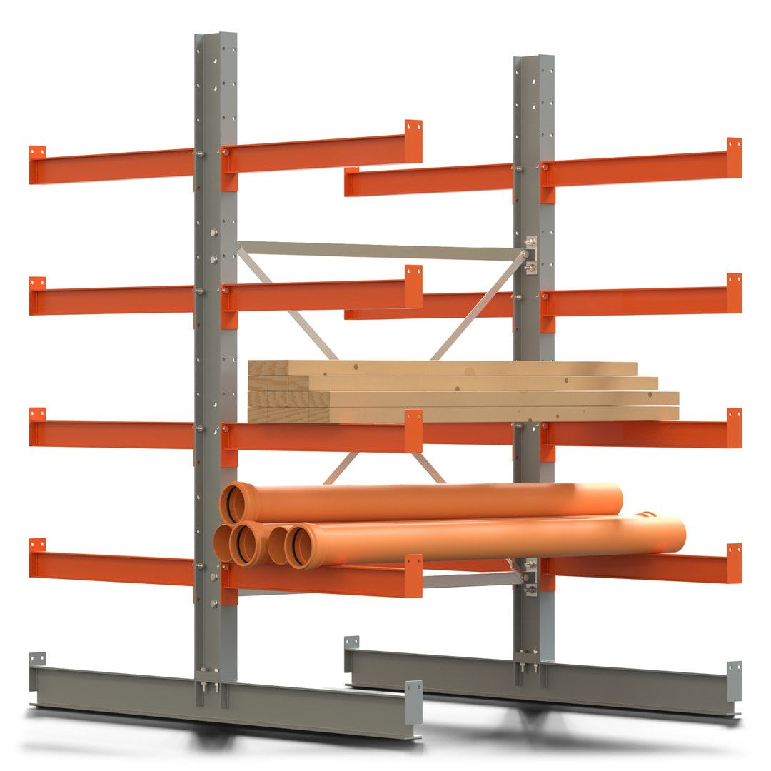 Doppelseitiges Kragarmregal, Anbauregal, 2.000 x 1.280 x 1.120 mm (HxBxT), Nutztiefe 500 mm, Kragarmlast 870 kg, KARL basic, silbergrau/reinorange