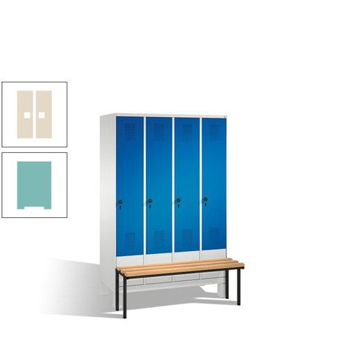 Stahl-Garderobenschrank, Spind, Buche Sitzbank vorgebaut, 4 Abteile a 300 mm, Korpus Lichtgrün, Tür Schwefelgelb, 1.850 x 1.200 x 815 mm (HxBxT)