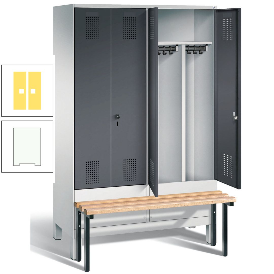 Doppel-Spind, Garderobenschrank, Buche Sitzbank vorgebaut, 4 Abteile a 300 mm, Korpus feuerrot, Tür Wasserblau, 1.850 x 1.200 x 815 mm (HxBxT)