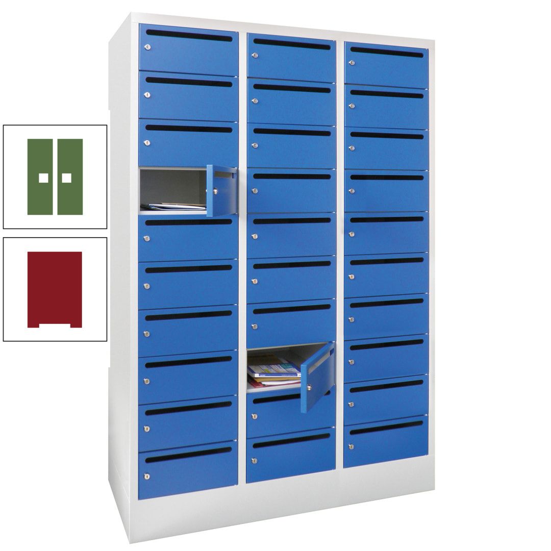 Postverteilerschrank, Schließfachschrank, 3 Abteile a 300 mm, 30 Fächer, 1.850 x 900 x 500 mm (HxBxT), Korpus anthrazitgrau, Front anthrazitgrau