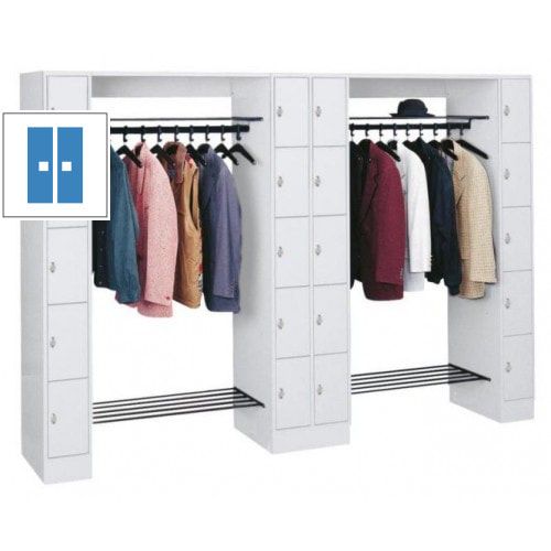 Garderobenanlage, Offene Garderobe mit Spindschrank, 20 Fächer, li./re/mitte, Farbe lichtgrau, Türfarbe enzianblau, 1.950 x 2.840 x 480 mm (HxBxT)