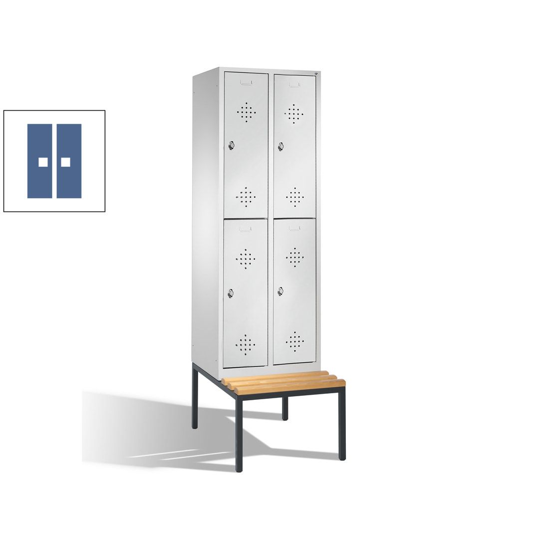 Garderobenschrank, Spind, 2 Abteile, 4 Fächer, 2.090 x 610 x 815 mm (HxBxT), Hartholz Sitzbank untergebaut, Korpus weißaluminium, Türen anthrazitgrau