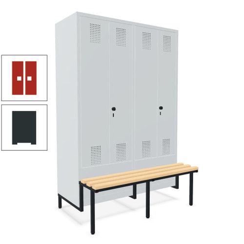 Doppel-Spind, Garderobenschrank, Buche Sitzbank integriert, 4 Abteile 300 mm, Korpus anthrazitgrau, Tür anthrazitgrau, 1.850 x 1.200 x 815 mm (HxBxT)