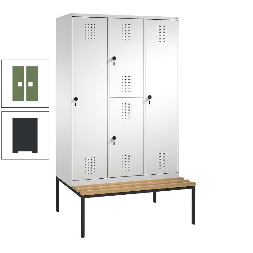 Garderobenschrank, Spind ein- und doppelstöckig Sitzbank, 3 Abteile, 4 Fächer, 2.090x1.200x500 mm (HxBxT), Front anthrazitgrau, Korpus anthrazitgrau