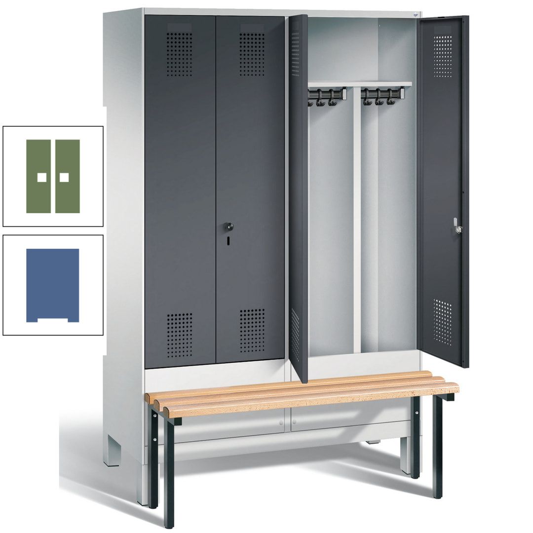 Doppel-Spind, Garderobenschrank, Buche Sitzbank vorgebaut, 4 Abteile a 300 mm, Korpus feuerrot, Tür Wasserblau, 1.850 x 1.200 x 815 mm (HxBxT)