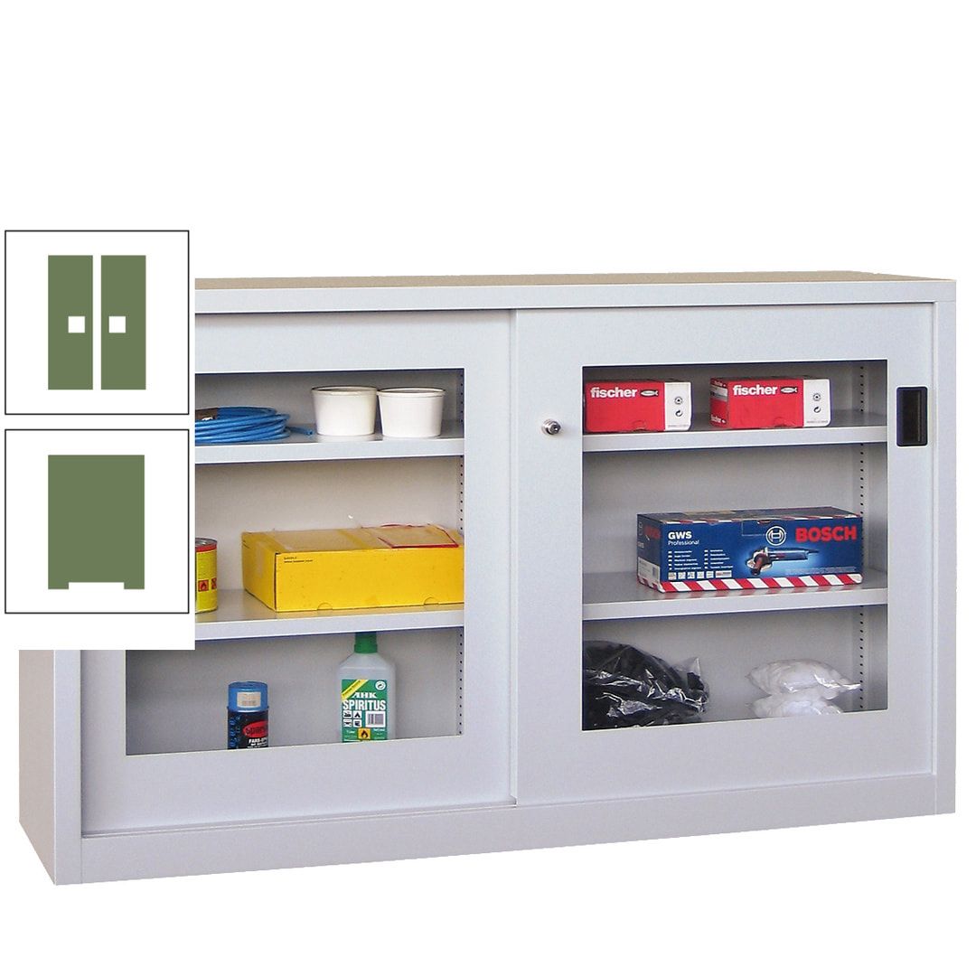 Schiebetürenschrank - Sichtfenstertüren - 1.000x1.500x600 mm (HxBxT) - 4 Böden, verzinkt - Zylinderschloss - anthrazitgrau