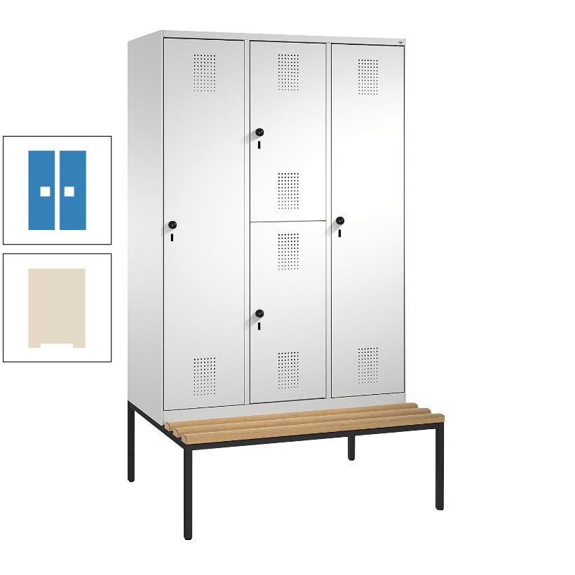 Garderobenschrank, Spind ein- und doppelstöckig Sitzbank, 3 Abteile, 4 Fächer, 2.090x1.200x500 mm (HxBxT), Front anthrazitgrau, Korpus anthrazitgrau