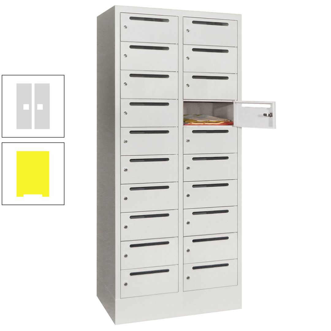 Postverteilerschrank, Schließfachschrank, 2 Abteile a 400 mm, 20 Fächer, 1.850 x 800 x 500 mm (HxBxT), Korpus anthrazitgrau, Front anthrazitgrau