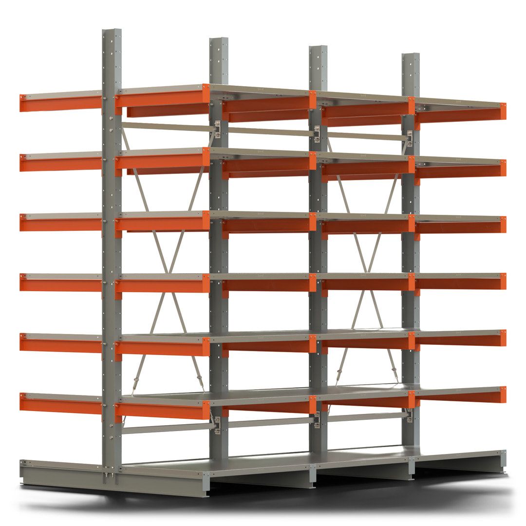 Doppelseitiges Kragarmregal mit Fachböden, 2 Felder, 3.000 x 2.000 (HxB), Nutztiefe 1.000 mm, Kragarmlast 450 kg, KARL basic, silbergrau/reinorange