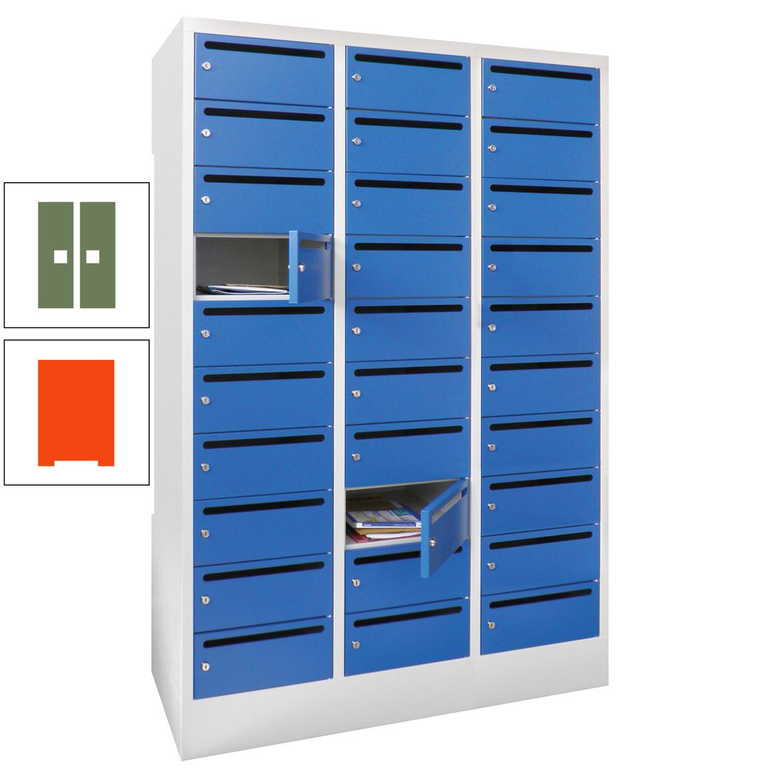 Postverteilerschrank, Schließfachschrank, 3 Abteile a 300 mm, 30 Fächer, 1.850 x 900 x 500 mm (HxBxT), Korpus anthrazitgrau, Front anthrazitgrau