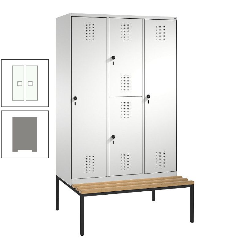 Garderobenschrank, Spind ein- und doppelstöckig Sitzbank, 3 Abteile, 4 Fächer, 2.090x1.200x500 mm (HxBxT), Front anthrazitgrau, Korpus anthrazitgrau