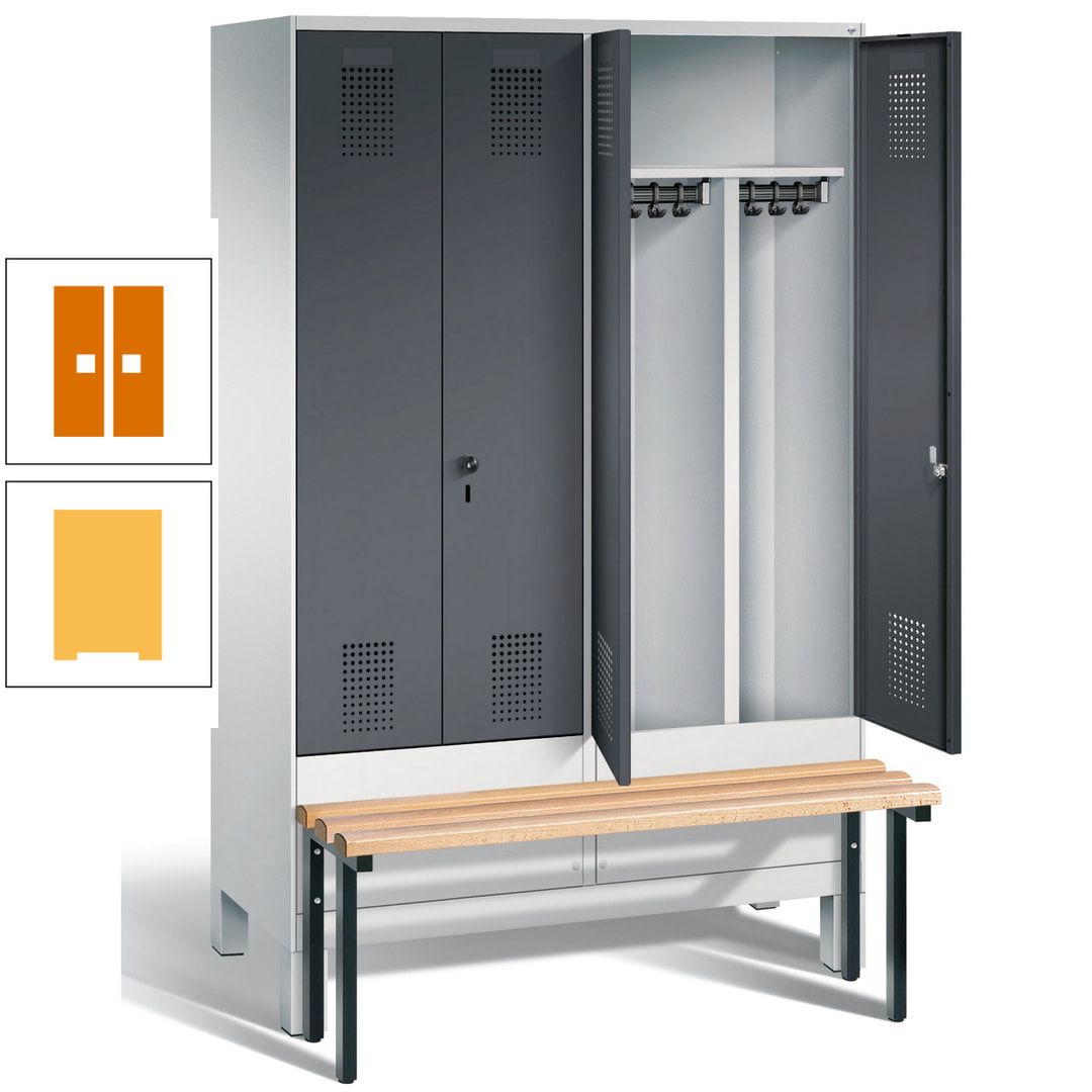 Doppel-Spind, Garderobenschrank, Buche Sitzbank vorgebaut, 4 Abteile a 300 mm, Korpus feuerrot, Tür Wasserblau, 1.850 x 1.200 x 815 mm (HxBxT)