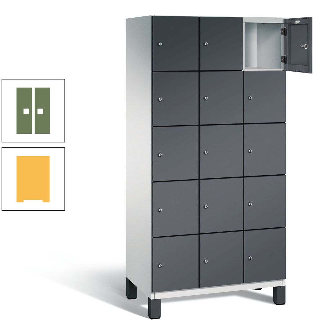 Fächerschrank, Stahlschrank, 15 Fächer, Türöffnungsbegrenzer, Füße, 1.980 x 900 x 525 mm (HxBxT), Korpus anthrazitgrau, Front anthrazitgrau