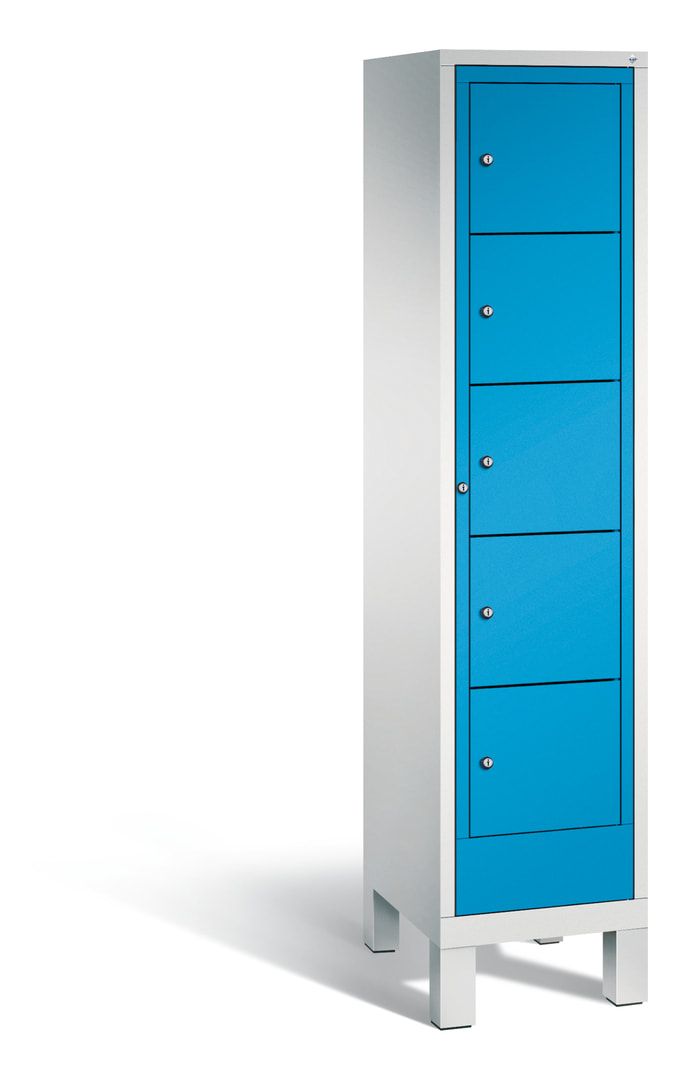 Wäscheschrank, Ausgabeschrank, Fächerschrank, Zentraltür, Füße, 5 Fächer, Korpus Pastellgelb, Tür anthrazitgrau, 1.850 x 420 x 500 mm (HxBxT)