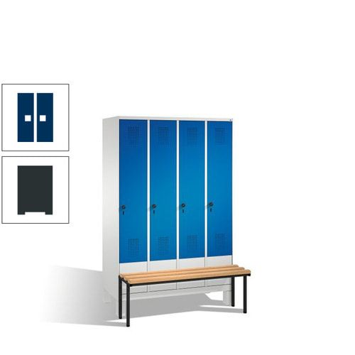 Stahl-Garderobenschrank, Spind, Buche Sitzbank vorgebaut, 4 Abteile a 300 mm, Korpus Lichtgrün, Tür Schwefelgelb, 1.850 x 1.200 x 815 mm (HxBxT)