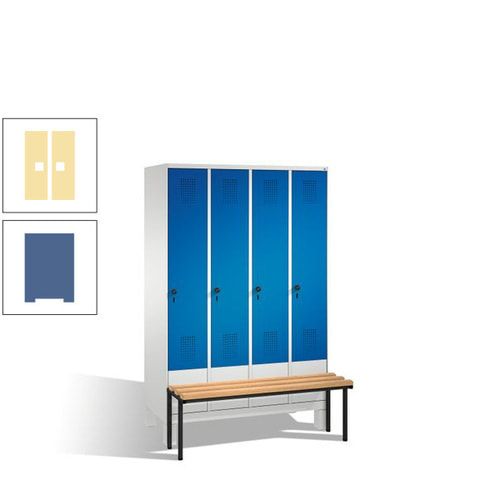 Stahl-Garderobenschrank, Spind, Buche Sitzbank vorgebaut, 4 Abteile a 300 mm, Korpus Lichtgrün, Tür Schwefelgelb, 1.850 x 1.200 x 815 mm (HxBxT)