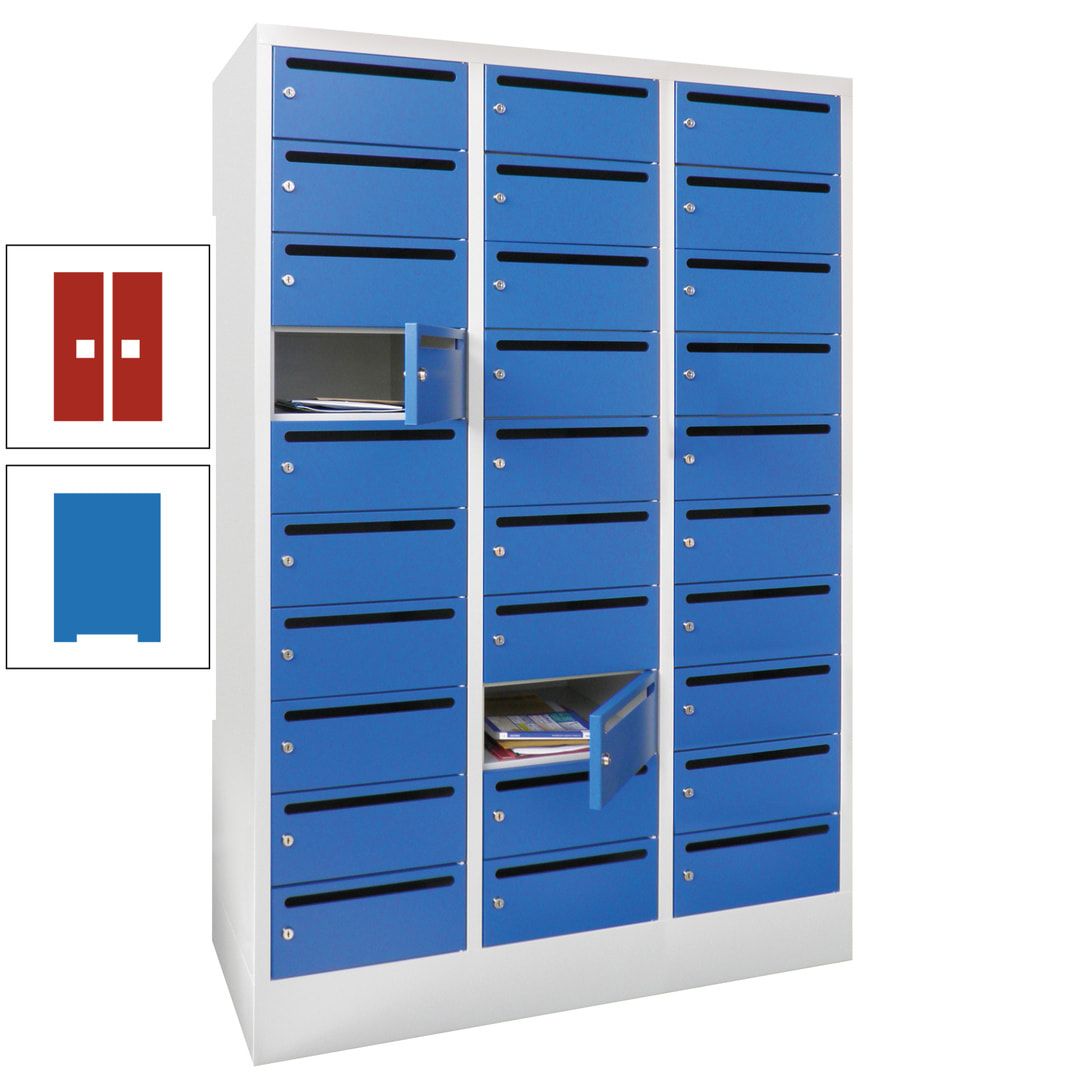 Postverteilerschrank, Schließfachschrank, 3 Abteile a 300 mm, 30 Fächer, 1.850 x 900 x 500 mm (HxBxT), Korpus anthrazitgrau, Front anthrazitgrau