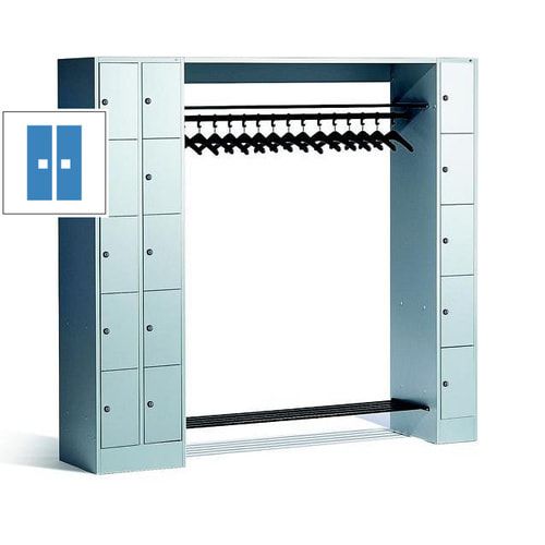Garderobenanlage, Offene Garderobe mit Spindschrank, 15 Fächer, links/rechts, Korpus lichtgrau, Türfarbe enzianblau, 1.950 x 2.100 x 480 mm (HxBxT)