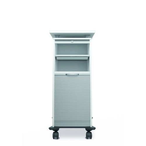 Rollladencaddy, 2 Schubladen, Materialauszug, Fachböden, 4 Rollen, abschließbar,1.155 x 515 x 600 mm (HxBxT), Front silber, Korpusfarbe Ahorn