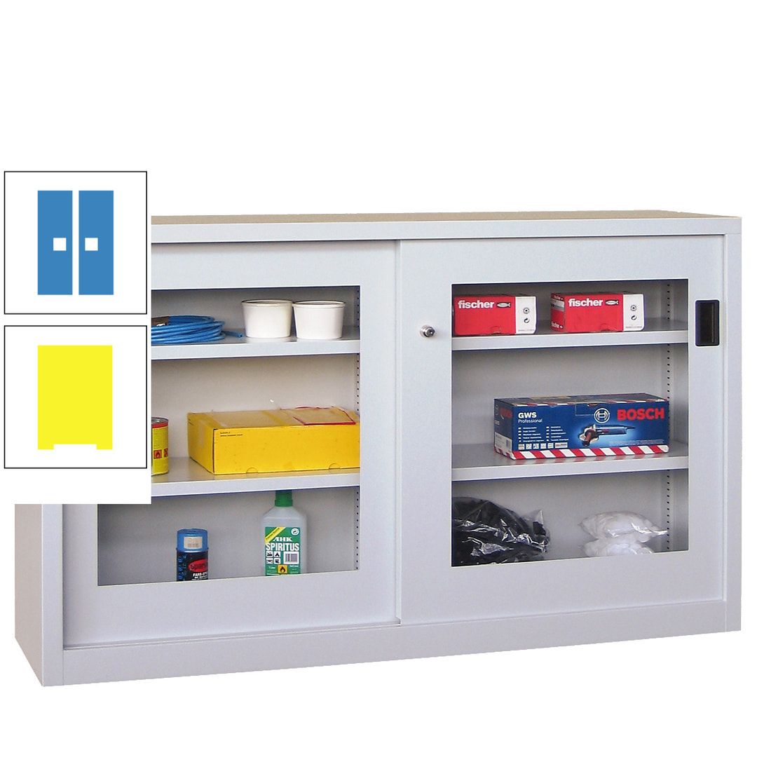 Schiebetürenschrank - Sichtfenstertüren - 1.000x1.500x600 mm (HxBxT) - 4 Böden, verzinkt - Zylinderschloss - anthrazitgrau