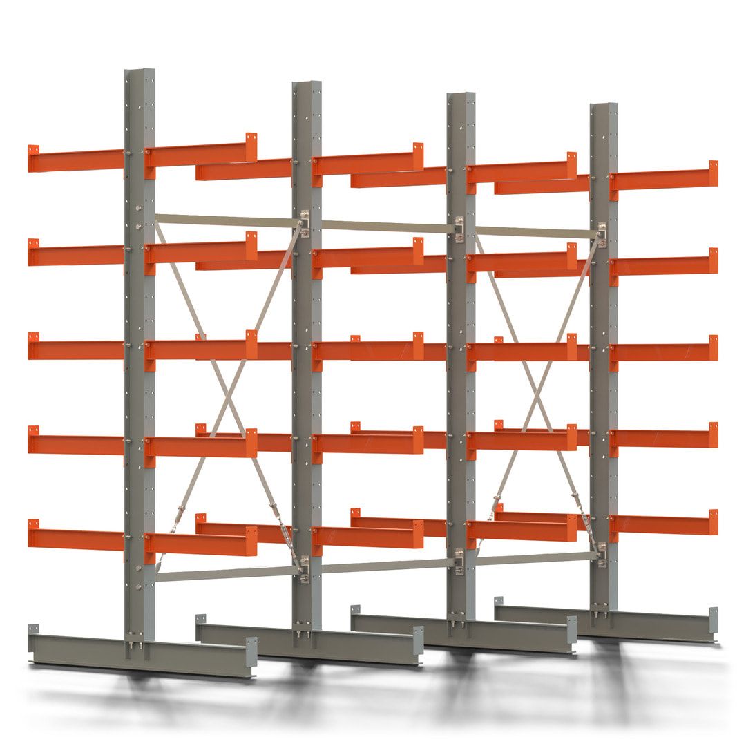 Doppelseitiges Kragarmregal, 2 Felder, 2.500 x 2.000 x 1.120 mm (HxBxT), Nutztiefe 500 mm, Kragarmlast 870 kg, KARL basic, silbergrau/reinorange