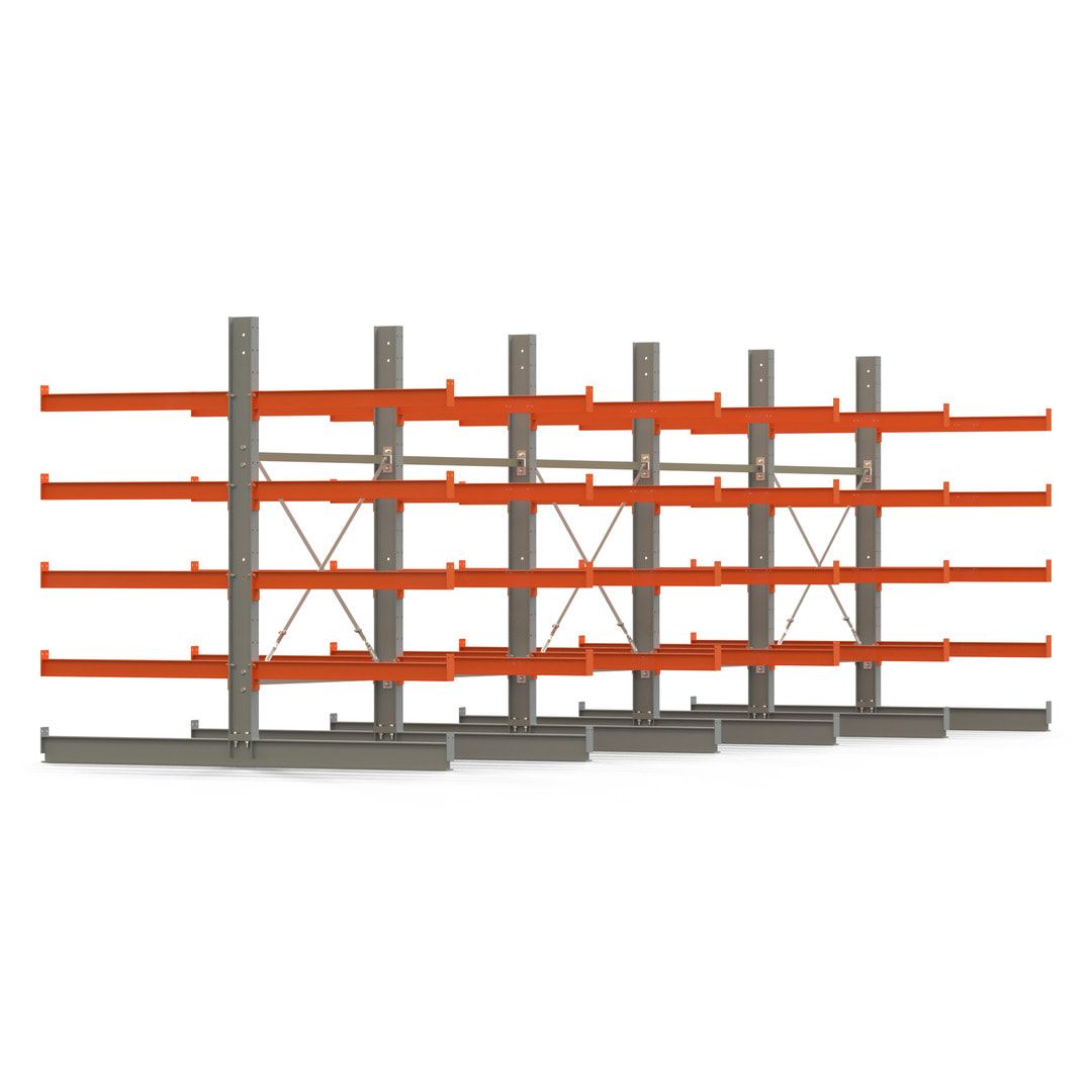 Doppelseitiges Kragarmregal, 2 Felder, 2.000 x 2.560 x 1.120 mm (HxBxT), Nutztiefe 500 mm, Kragarmlast 870 kg, KARL basic, silbergrau/reinorange