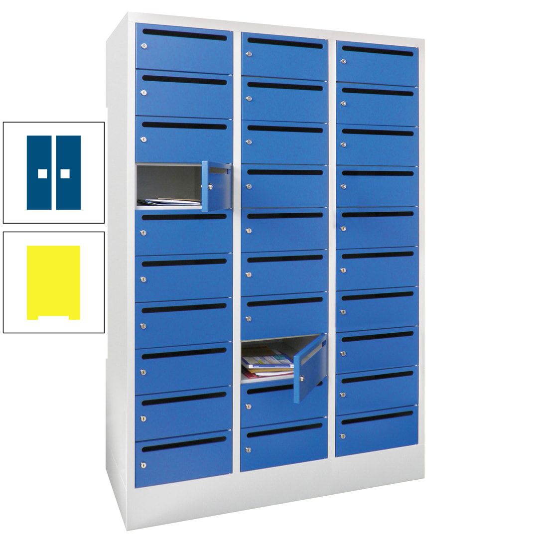 Postverteilerschrank, Schließfachschrank, 3 Abteile a 300 mm, 30 Fächer, 1.850 x 900 x 500 mm (HxBxT), Korpus anthrazitgrau, Front anthrazitgrau
