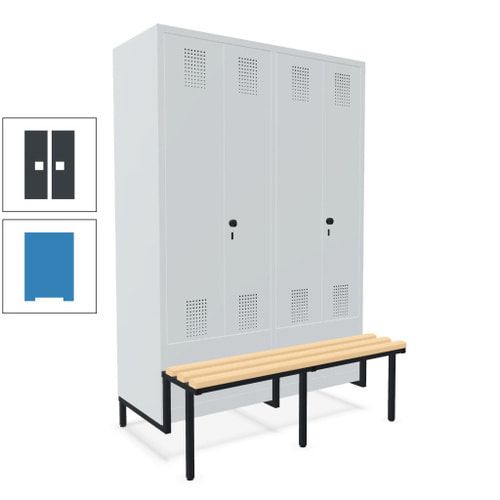 Doppel-Spind, Garderobenschrank, Buche Sitzbank integriert, 4 Abteile 300 mm, Korpus anthrazitgrau, Tür anthrazitgrau, 1.850 x 1.200 x 815 mm (HxBxT)