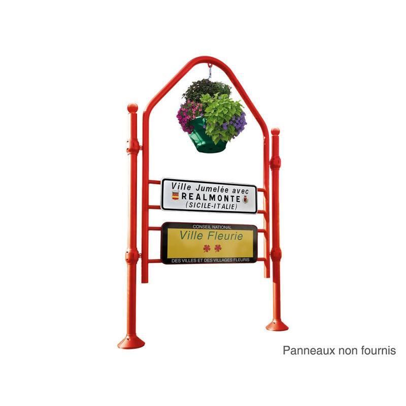 Begrüßungsschild, Willkommensschild, Stahlrohr, verzinkt, 3.140 x 1.722 mm (HxB), Pfostenkopf Kugel, Bodenmontage, Farbe enzianblau