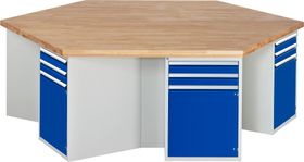 Gruppenwerkbank, Buche, Höhe 850 mm, ohne Energieaufsatz, Unterbau-Container, 2 Schubladen, 1 Tür, 1 Boden - Farbe wählbar