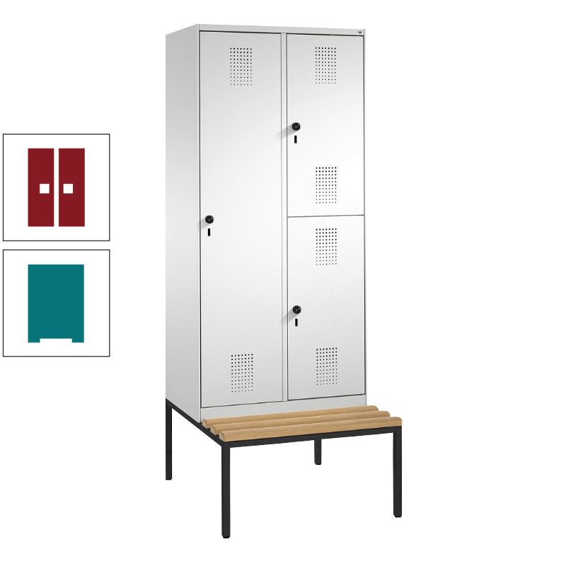 Garderobenschrank, Spind ein- und doppelstöckig Sitzbank, 2 Abteile, 3 Fächer, 2.090 x 800 x 500 mm (HxBxT), Front anthrazitgrau, Korpus anthrazitgrau