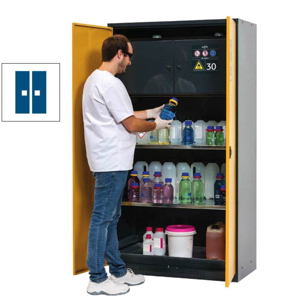 Chemikalienschrank mit Sicherheitsbox - Flügeltüren, enzianblau - 2 Fachböden - 30 l - 1.950 x 1.055 x 520 mm - Stahl, pulverbeschichtet