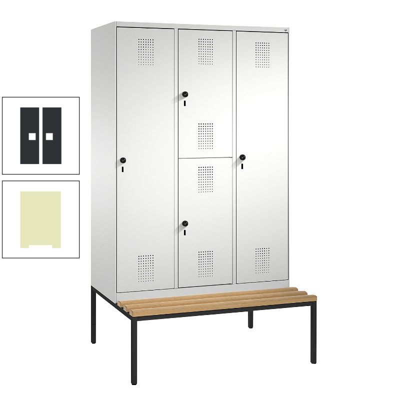 Garderobenschrank, Spind ein- und doppelstöckig Sitzbank, 3 Abteile, 4 Fächer, 2.090x1.200x500 mm (HxBxT), Front anthrazitgrau, Korpus anthrazitgrau