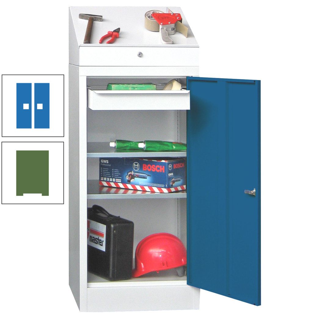Stehpult mit Schrank - Vollblechtür - 1 Einlegeboden, 1 Ausziehboden, 1 Schublade - 1.270x500x500 mm (HxBxT) - anthrazitgrau
