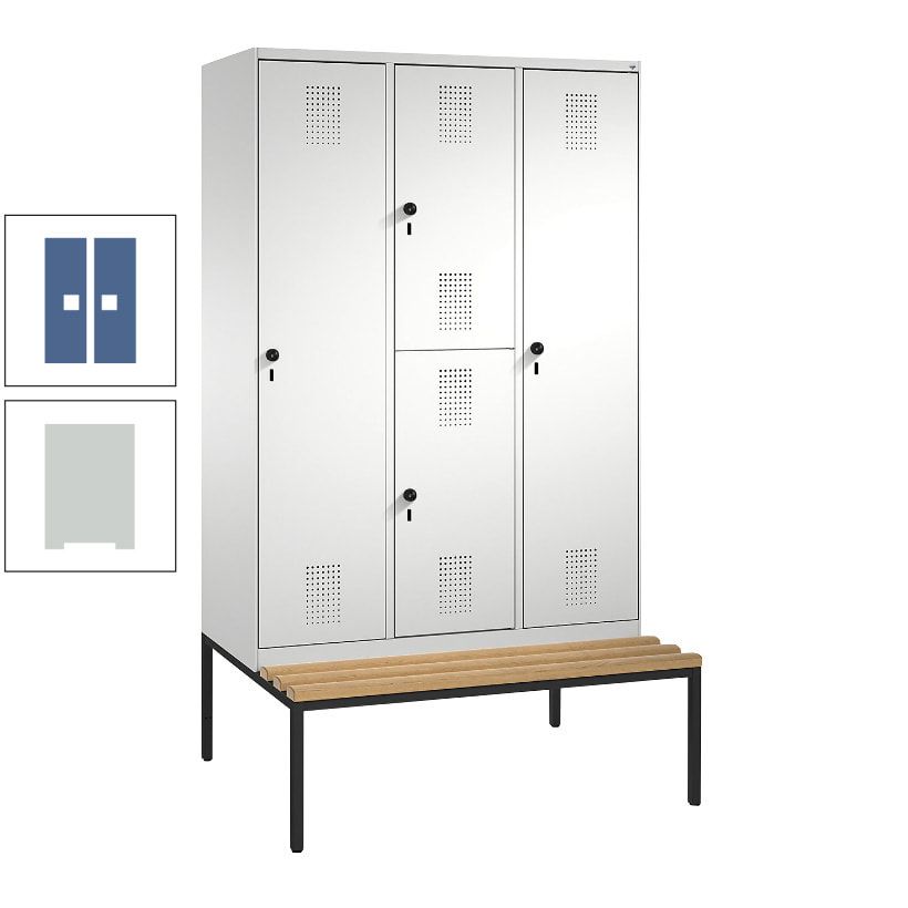 Garderobenschrank, Spind ein- und doppelstöckig Sitzbank, 3 Abteile, 4 Fächer, 2.090x1.200x500 mm (HxBxT), Front anthrazitgrau, Korpus anthrazitgrau