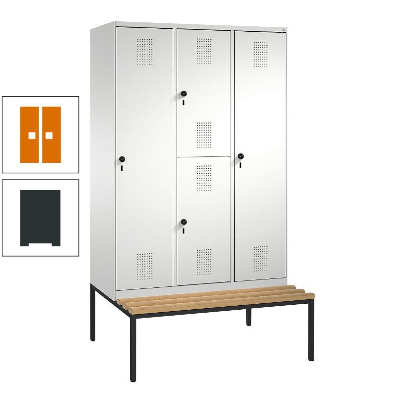 Garderobenschrank, Spind ein- und doppelstöckig Sitzbank, 3 Abteile, 4 Fächer, 2.090x1.200x500 mm (HxBxT), Front anthrazitgrau, Korpus anthrazitgrau