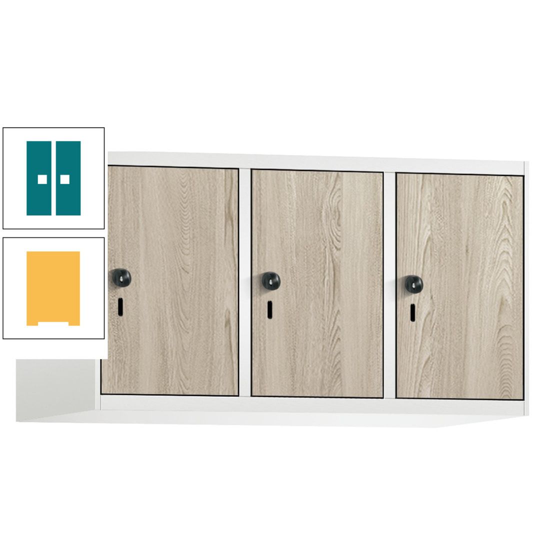 Aufsatzschrank, Schrankaufsatz, 3 Fächer a 300 mm, Farbe Pastellgelb, Tür anthrazitgrau, 500 x 900 x 500 mm (HxBxT)